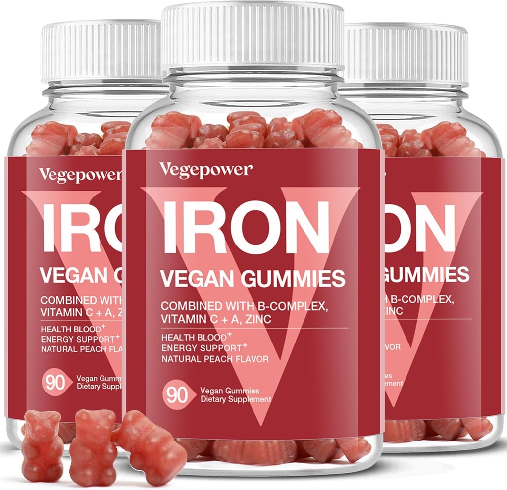 Suplemen Gummies Besi untuk Perempuan & Anak - Multivitamin dengan Besi untuk Oksigen Darah, Great Tasting Gummy Vitamin C dengan Max Absorpsi - Vegan Cheable, Peach Flavor (3 Paket Peach)