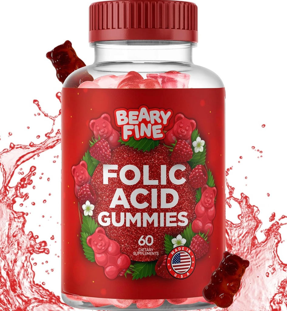 Gummies Asam Folic 400mcg - Esculity Prenatal & Pregnancy Gummy for Women, Moms & Baby to Be - 60 Raspberry Flavored Floor Gummy Vitamin - Made in The USA