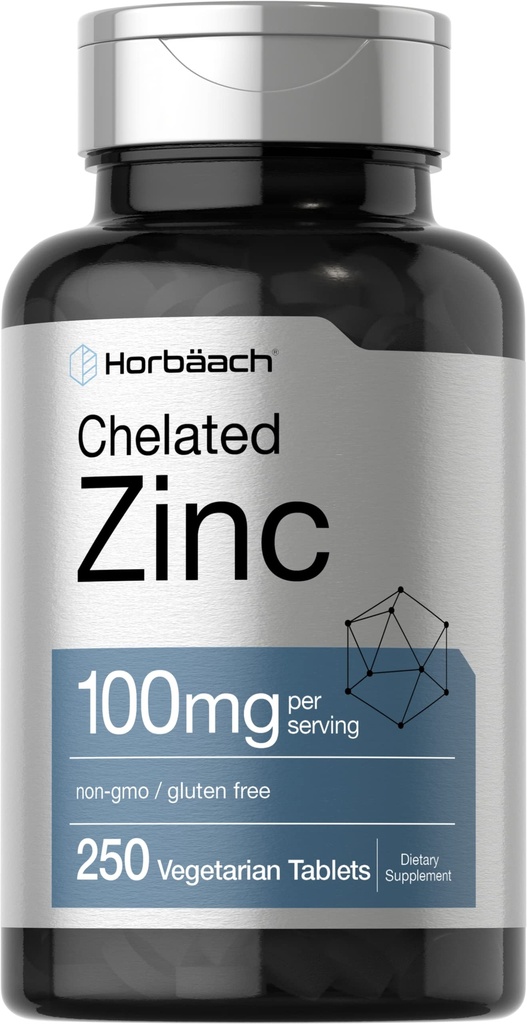 Horbäach Chlated Zinc Tambahan 100mg 124; 250 Tablet 126; Potency Tinggi & Superior Absorpsi 124; Vegetarian, Non-GMO, Gluten Bebas