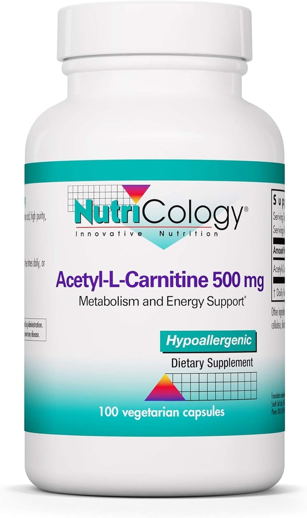 Nutrikologi Acetyl- L- Carnitine 500mg Suplemen - Metabolisme dan Energi Dukungan, ALC, Form Amino Acid, Vegetarian Capsules - 100 Cacah