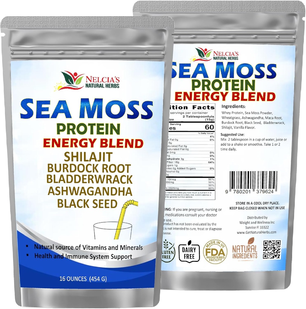 NELCIA NATURAL HERBS Sea Moss Ashwagandha Protein Powder -Natural Sea Moss, Bladderwrack dan Burdock Root, Benih Hitam dan Buji Shilajit Powder (16oz)