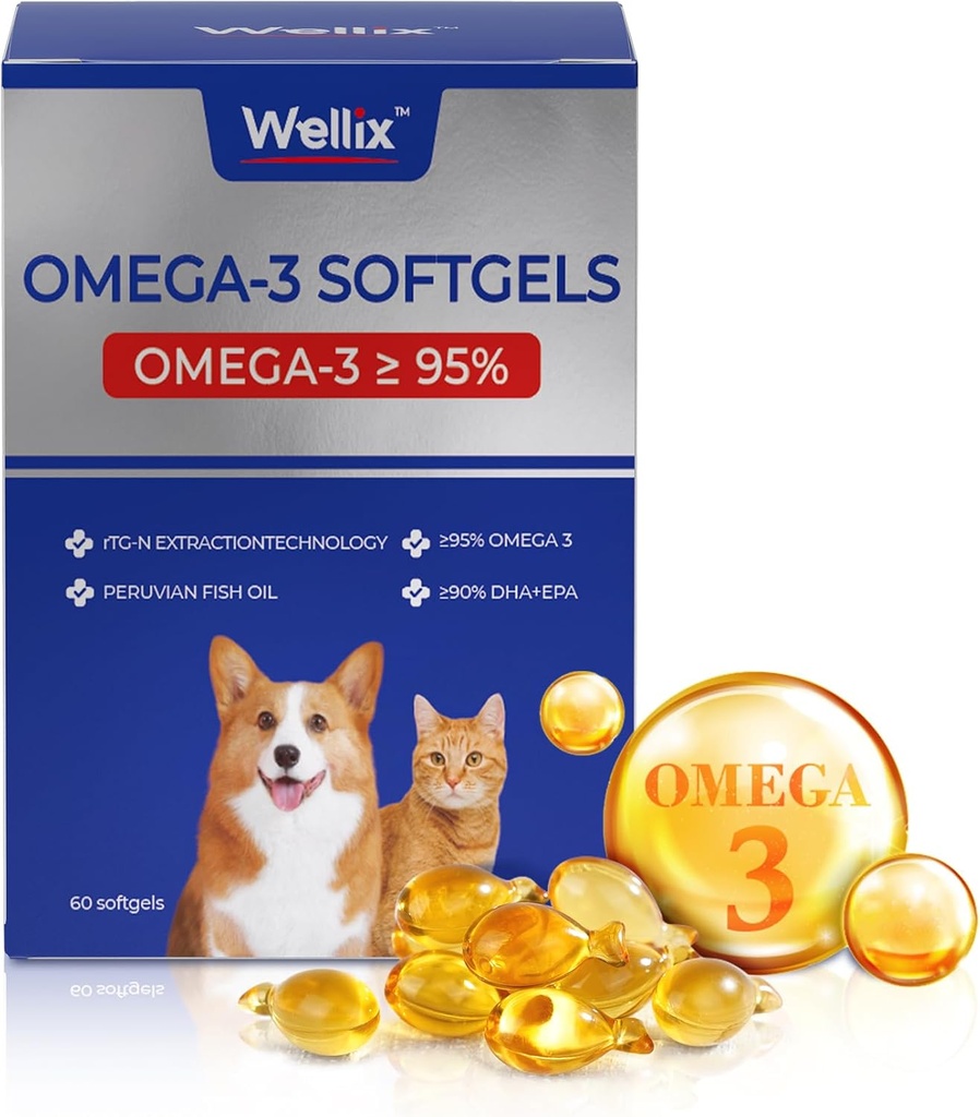 Wellix Pure Omega 3 Fish Oil for Dogs & Cats, Skin and Coat Supplement for Shedding, Promotes Heart, Skin, Coat, Gabungan, & Imune Health Over 95% Omega 3, Rich in EPA + DHA, 60 Softgels