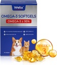 Wellix Pure Omega 3 Fish Oil for Dogs & Cats, Skin and Coat Supplement for Shedding, Promotes Heart, Skin, Coat, Gabungan, & Imune Health Over 95% Omega 3, Rich in EPA + DHA, 60 Softgels
