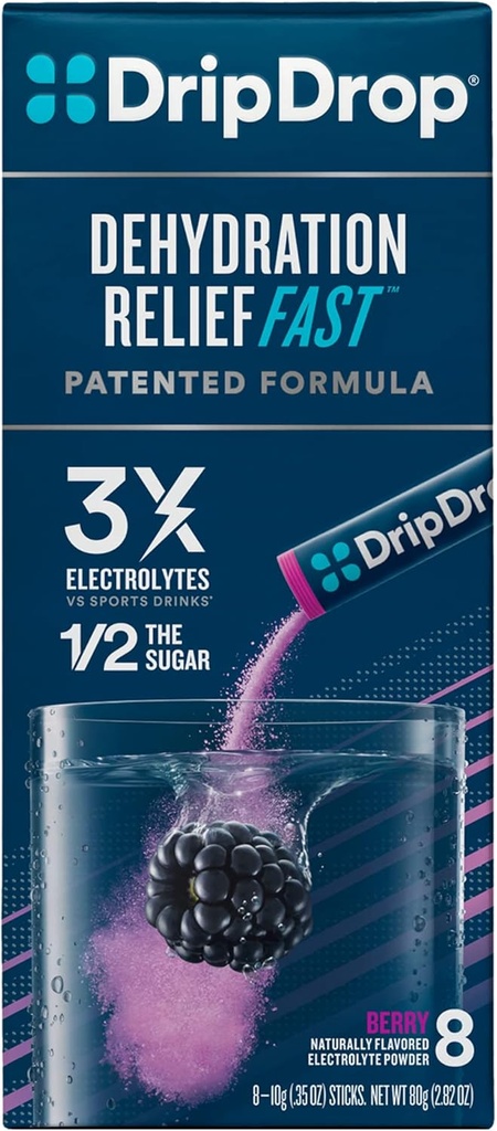 DripDrop ORS Electrolite Hidration Powder Sticks, Berry, 10g Sticks, 8 Count