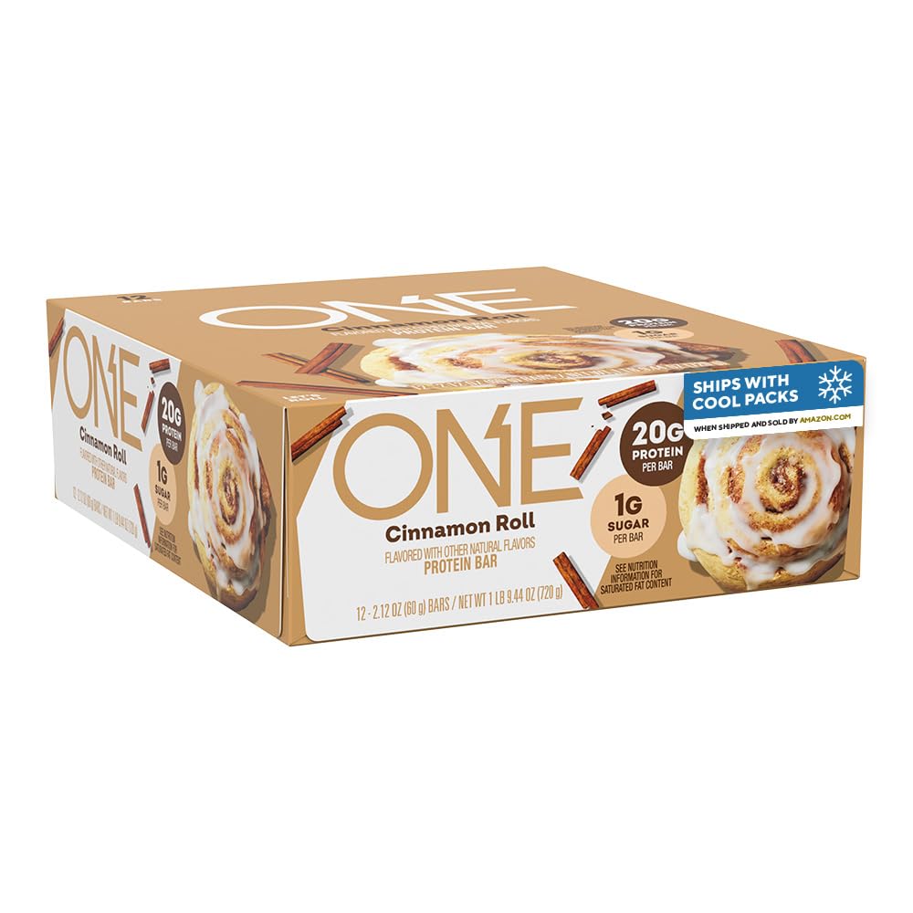 One Protein Bars, Cinnamon Roll, Gluten Free dengan 20g Protein dan 1g Sugar, Staples Pantry, 2.12 oz (12 Count), Packing May Vary
