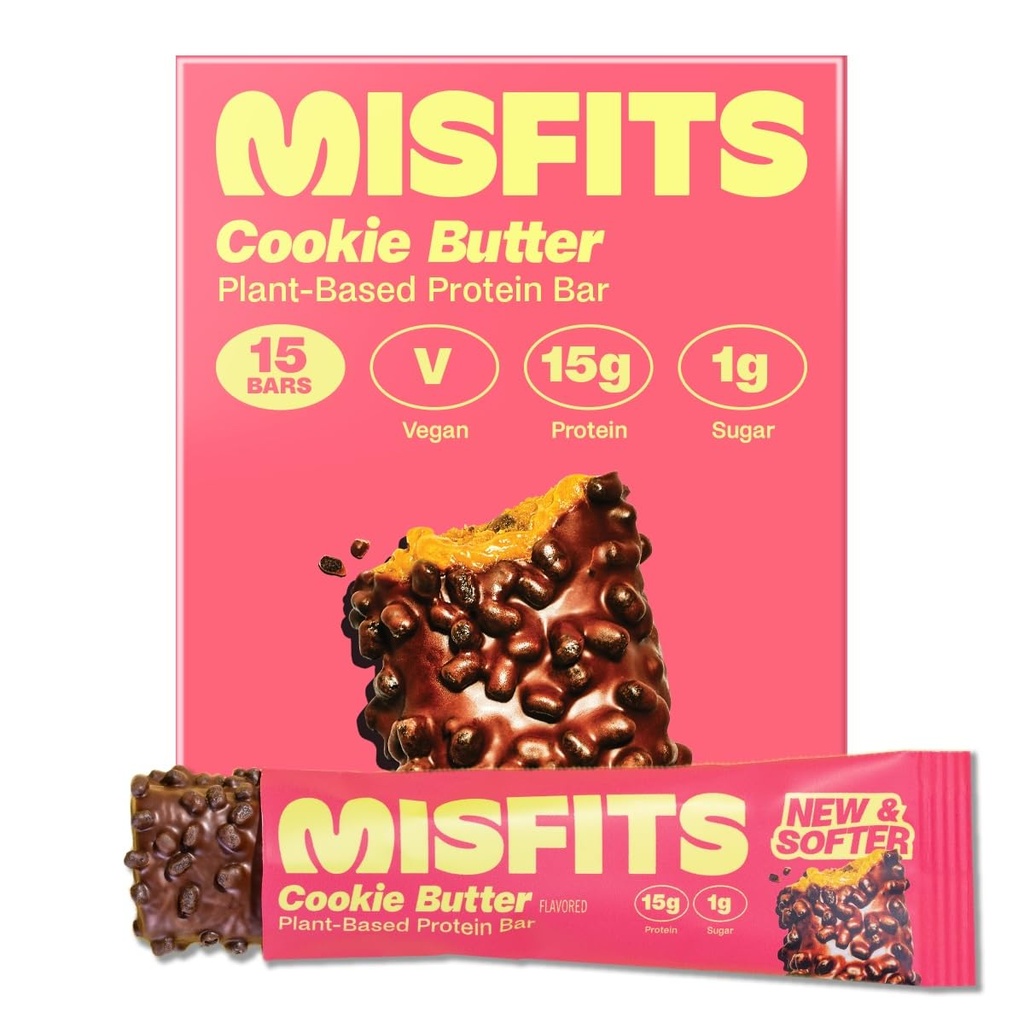 Misfits Vegan Protein Bars, Cookie Butter - Updated Recipe 124; Plant Based, Low Sugar & Carb, High Fiber Snacks 124; Pack of 15