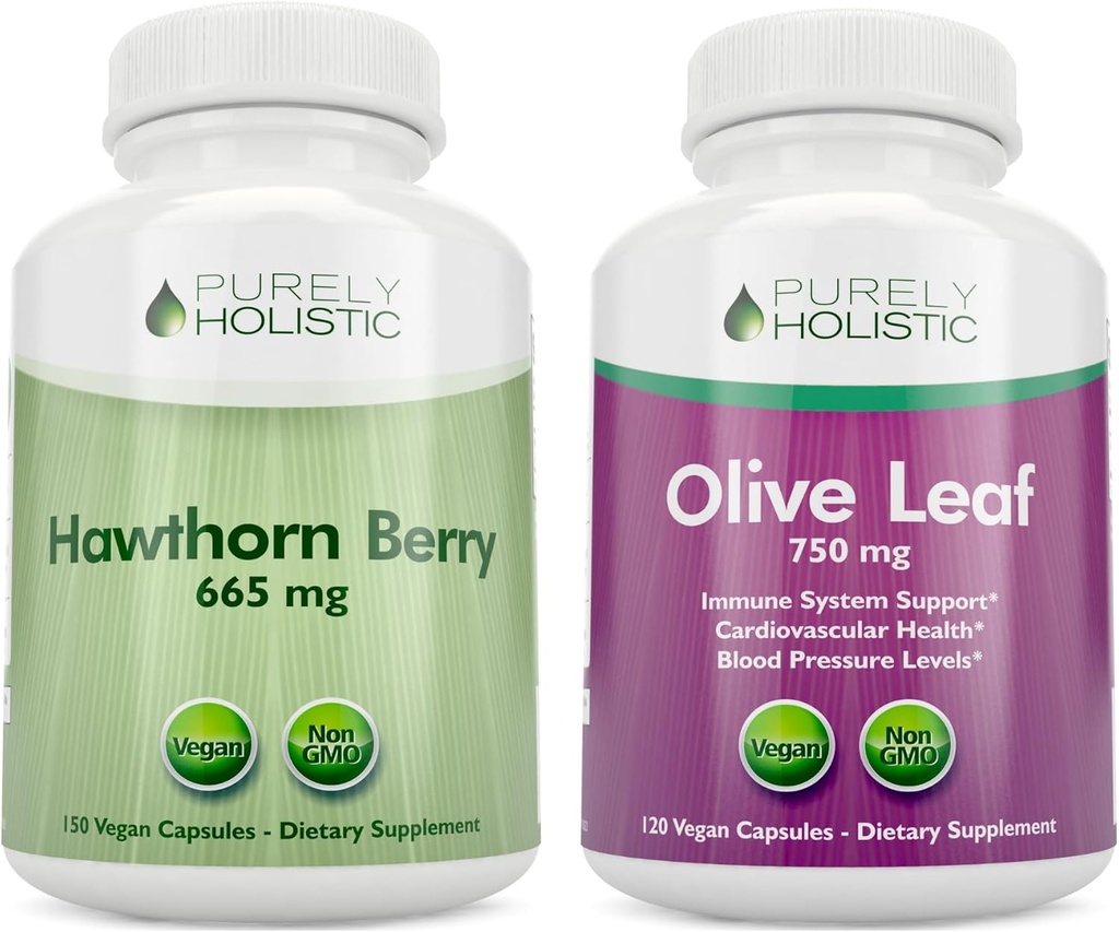 Murni Holistik Hawthorn Berry 665mg + Olive Leaf Extract 750mg Bundle + 270 Vegan Capsules - Dibuat di Amerika Serikat