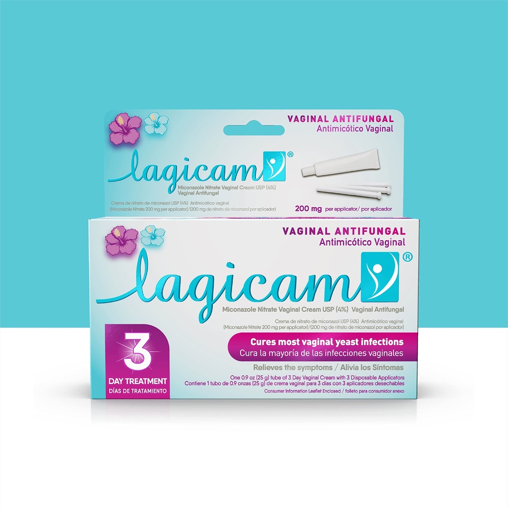 Lagicam 3 Day Vaginal Yeast Infeksi Treatment for Women, Start working on the 1st Day, Miconazole Nitrate, Antifungal Cream relieves Itching and Irrantation, 3 Disposable Applicators & Cream (1 Pack)
