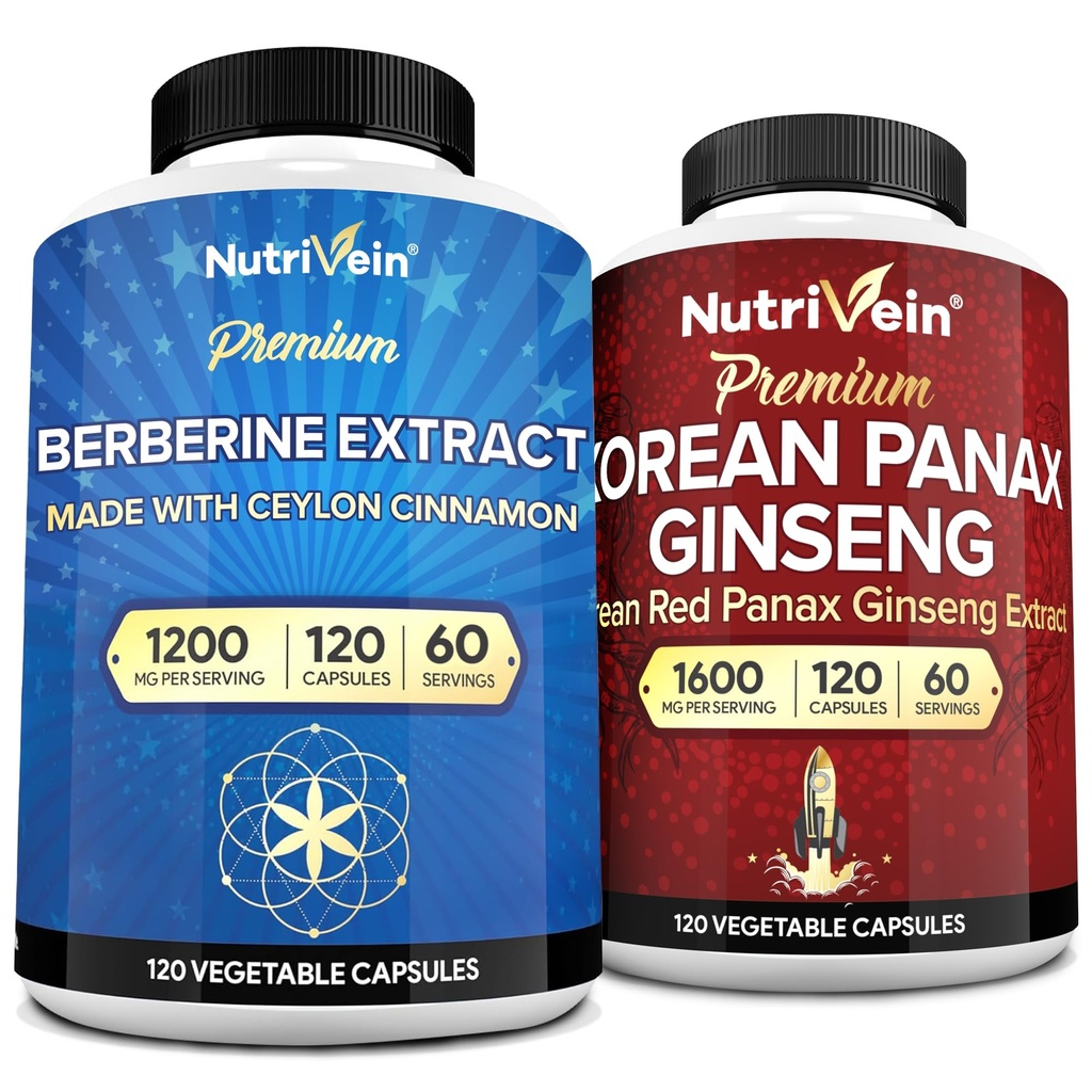 Nutrivena Premium Panax Korea Ginseng Suplemen & Berberine Bundle: Kompleks Berbersin Absorpsi & Genuine Merah Ginseng Bundle untuk Kejelasan Harian, Vitalitas, & Wellness