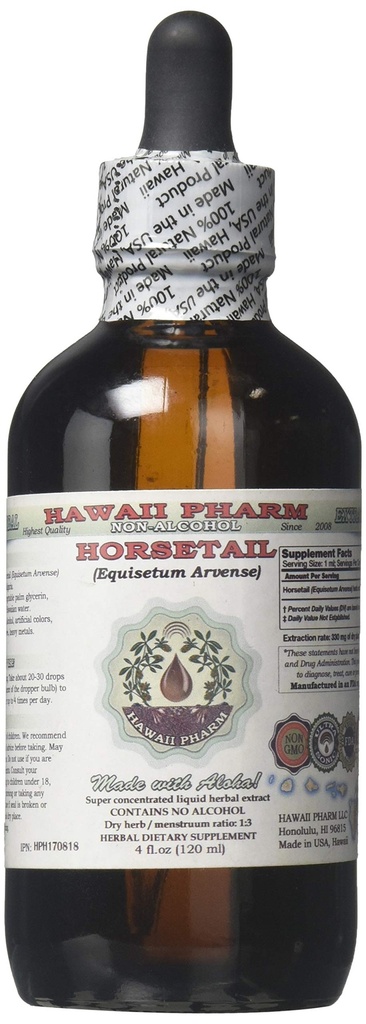 Horse Alcohol- Free Liquid Extract, Organic Horse (Equisetum arvense) Kering Herb Glycerite Hawaii Pharm Natural Herbal Supplemen 4 oz