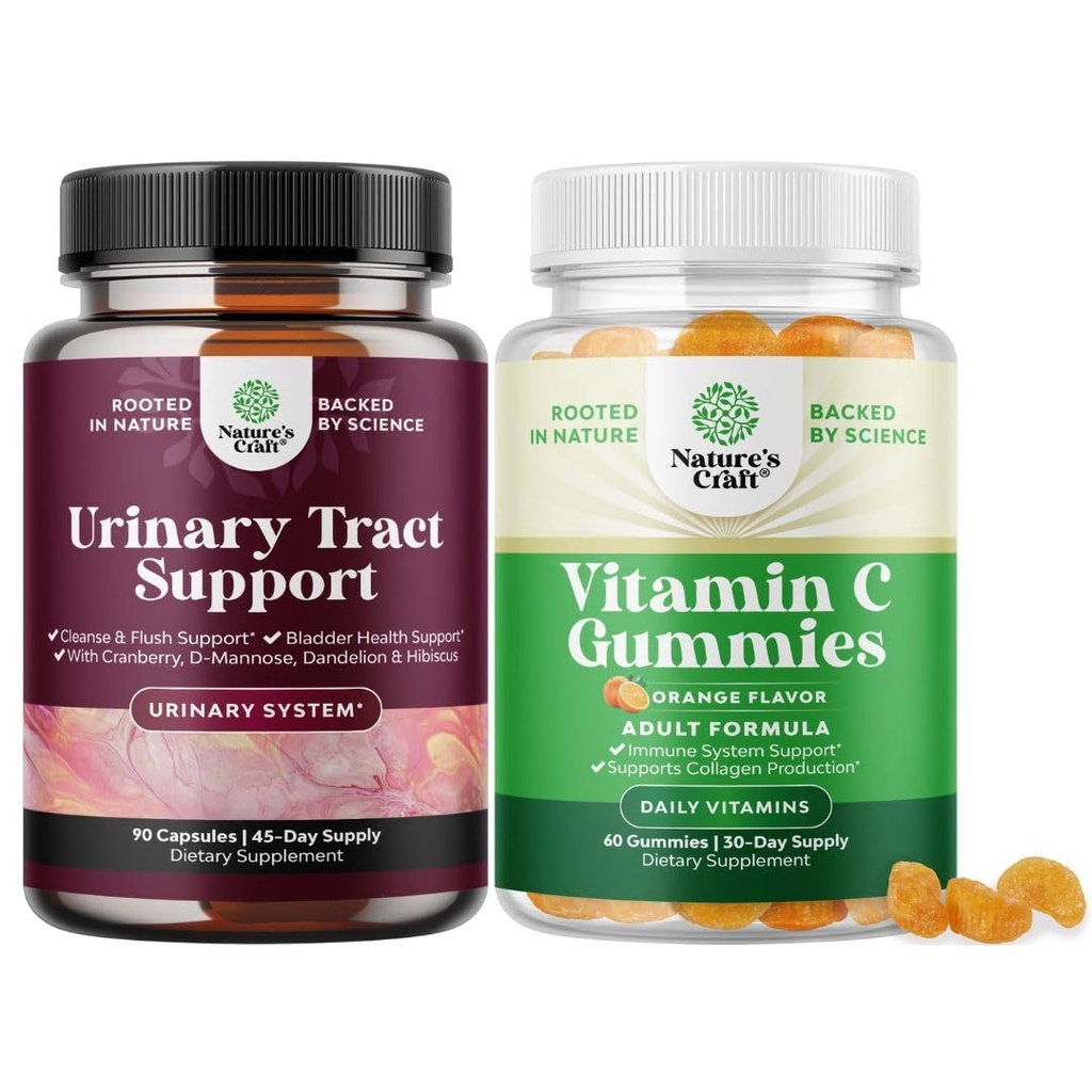 Bundle of D Mannose Capsules for Urinary Trakte Health for Women Fast Acting Super Concentracted Cranberry 90ct dan Chewable Vitamin C Gummies untuk Dewasa - Halal Vitamin C Ammune Dukung Gummies