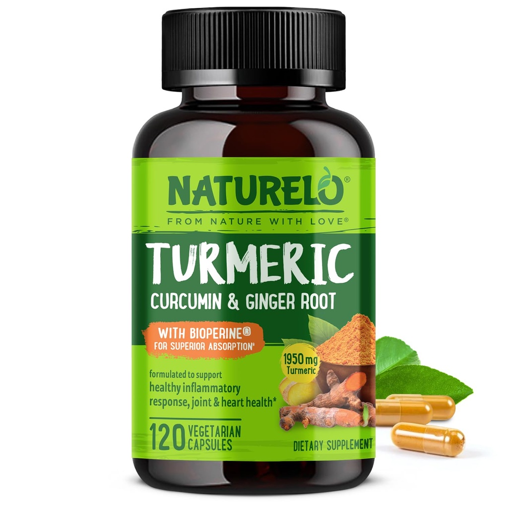 NATURELO Curcumin Turmeric - BioPerine for Better Absorpsi - Black Pepper, Ginger Root, Curcuminoids - Plant - Based Joint Discompletion Support - 120 Vegan Capsules