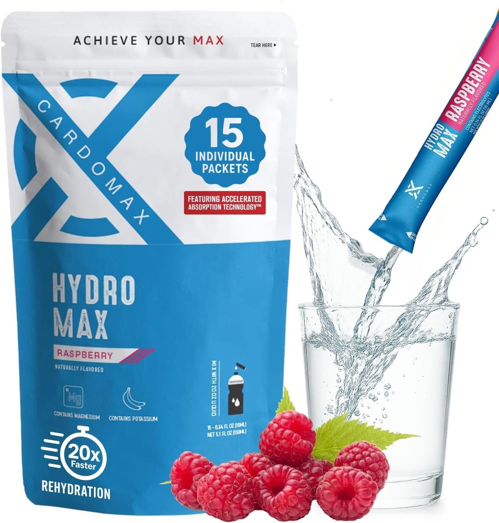 Hydromax Electrolite Drink Mix - Raspberry 15 Paket Liquid dengan Potasium & Magnesium - Zero Sugar, Keto & Vegan Electrolite untuk Rapid Hydration & Recovery Suplemen