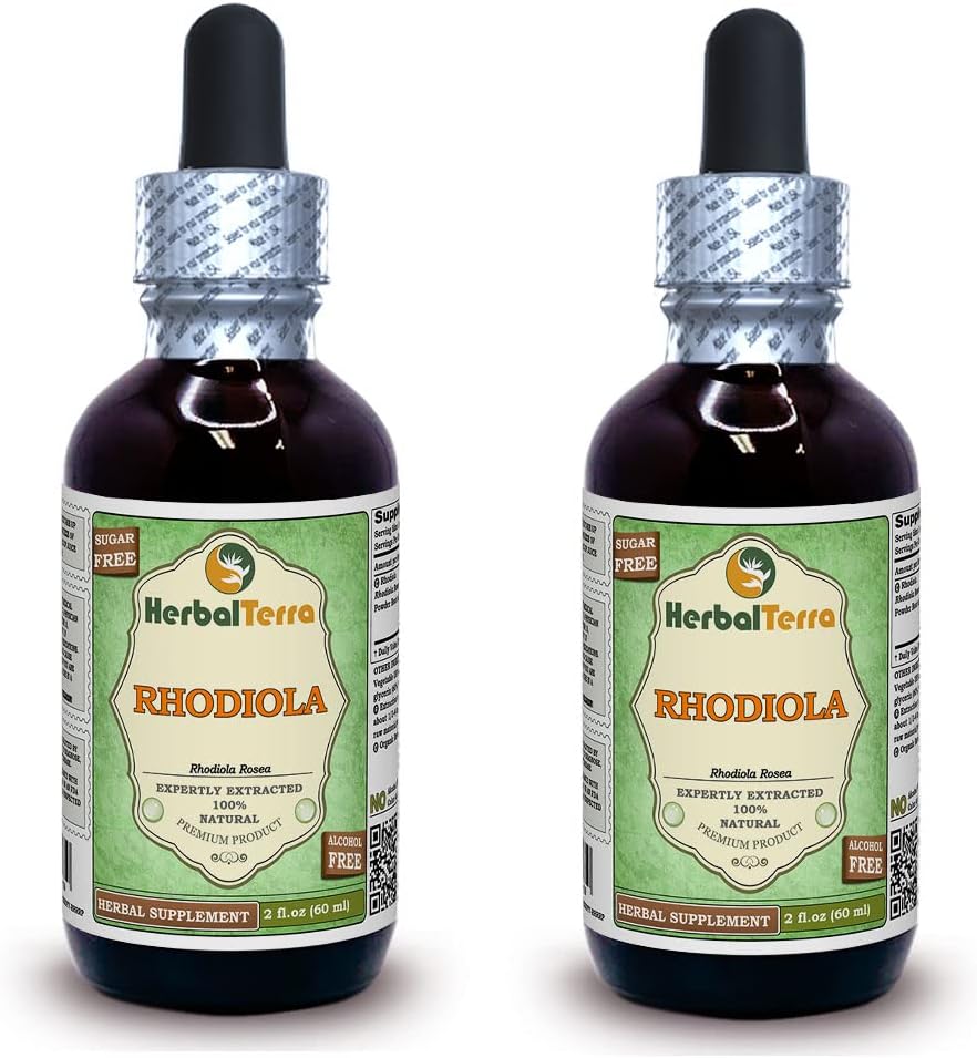 Rhodiola (Rhodiola Rosea) Glycerite, Organic Dried Roots Alcohol- Free Liquid Extract (Nama Merek: HerbalTerra, Proughtly Made in USA) 2x2 F.oz (2x60 ml)