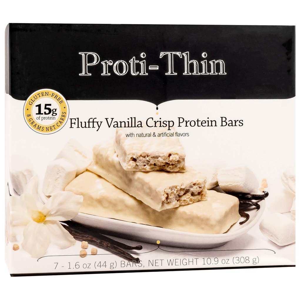 Proti- Thin Fluffy Vanilla Crisp Protein Bars, 15g Protein, Low Calorie, Very Low Carb (VLC), Low Fat, High Fiber Snack Bar, KETO Diet Friendly, Ideal Protein Compatible, No Gluten Ingregents, 7 / Box