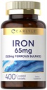 Carlyle Iron Ferrous Salfate 325mg, 65 mg 124; 400 Tablet 144; None-GMO, Gluten Free, dan Vegetarian Suplemen 124; 400 Potensi Tinggi
