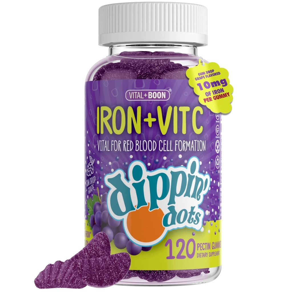 Besi dengan Vitamin C & B12 Gummies (120 Count) Vital for Red Blood Cell Formasi 124; Gum Drop Grape Real Pectin Fruit Chew Suplemen 124; Vegan, Non- GMO, Gluten Free & Gelatin Free