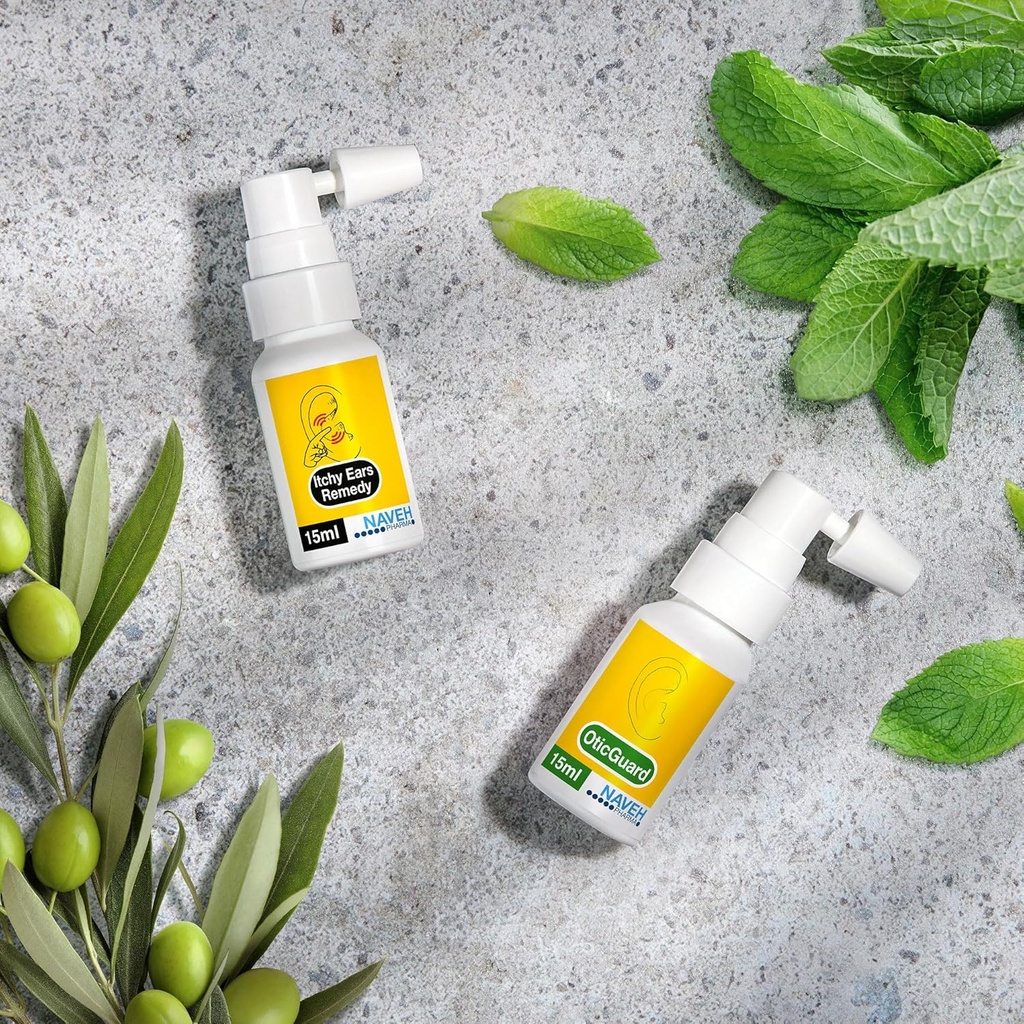 NAVEH PHARMA Itchy Ears Remedy Ear Cleaning and Itch Relief (0.5 fl oz) + NAVEH PHARMA Otic Guard 14; Natural Herbal- Oil Blend Spray 124; for Ear Infeksi (0.5 lf oz)