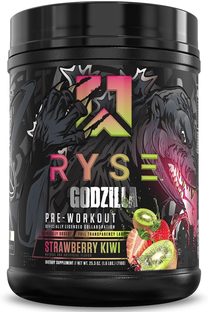 RYSE Godzilla X Noel Deyzel Pre Workout Powder - Strawberry Kiwi - 400mg Caffeine, High Stim Pre-Workout for Men & Women with Citrulline & Beta Alanine - Energy, Pompa & Focus