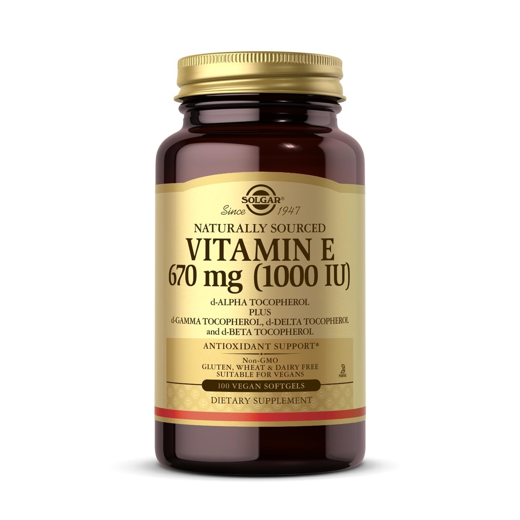 Solgar Vitamin E 670 mg (1000 IU) - 100 Vegan Softgels - Antioksidan Alam - Non-GMO, Gluten Free - 100 Pelayan