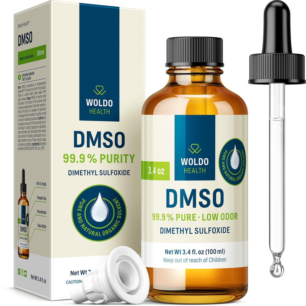 WoldoHealth DMSO 99.9% Farmasi Tingkat - FT-IR Divealified Dimetil Sulfoxide, Low Odor Solvent dalam Glass Bottle dengan Precision Dropper (3.38 oz)