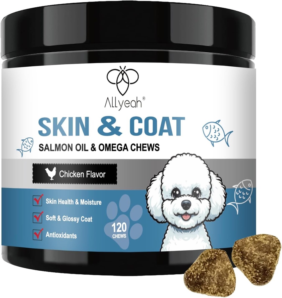 Omega 3 Fish Oil for Dogs, Salmon Oil Skin and Coat Supplement for Dogs Dog Allergy Relief, Dry & Itching Skin Relief Treatment, Allergy Chews - Dog Anti Shedding Treats - Shiny Coats