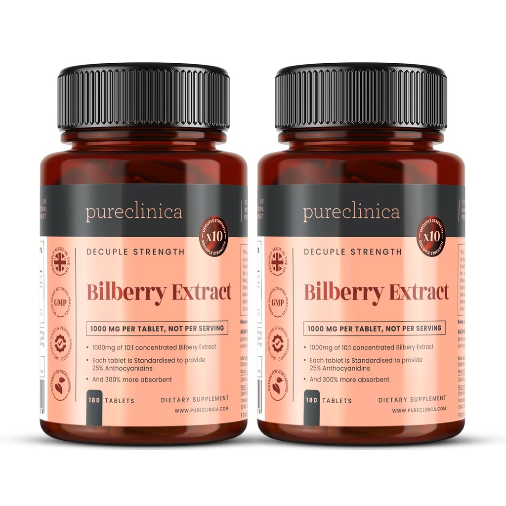 puberica Bilberry Extract 10.000mg x 360 Tablet (2 Bottles) - 10 X More Anthocyanidins w / 5mg Black Pepper Extract