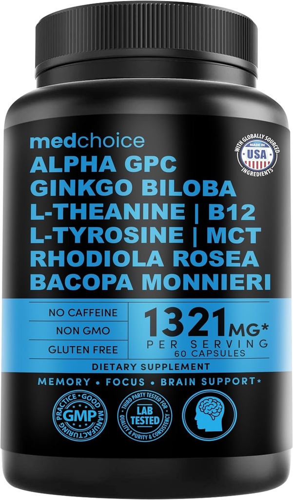 12 -1 Nootropic Ginkgo Biloba untuk Dukungan Otak, Memori dan Fokus - B12, Alpha GPC, L Theanine dan Choline Suplemen dengan Bioperine Non Caffeinated 1321mg (60ct)