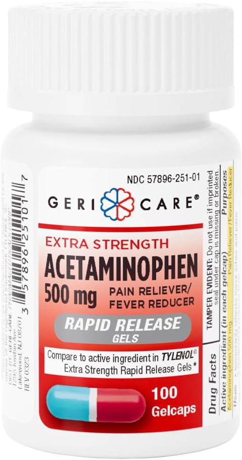 Gericare Ekstra Kekuatan Acetaminophen 500mg Rapid Rapid Gelcaps, Relief 100 Hitung (Paket 1)