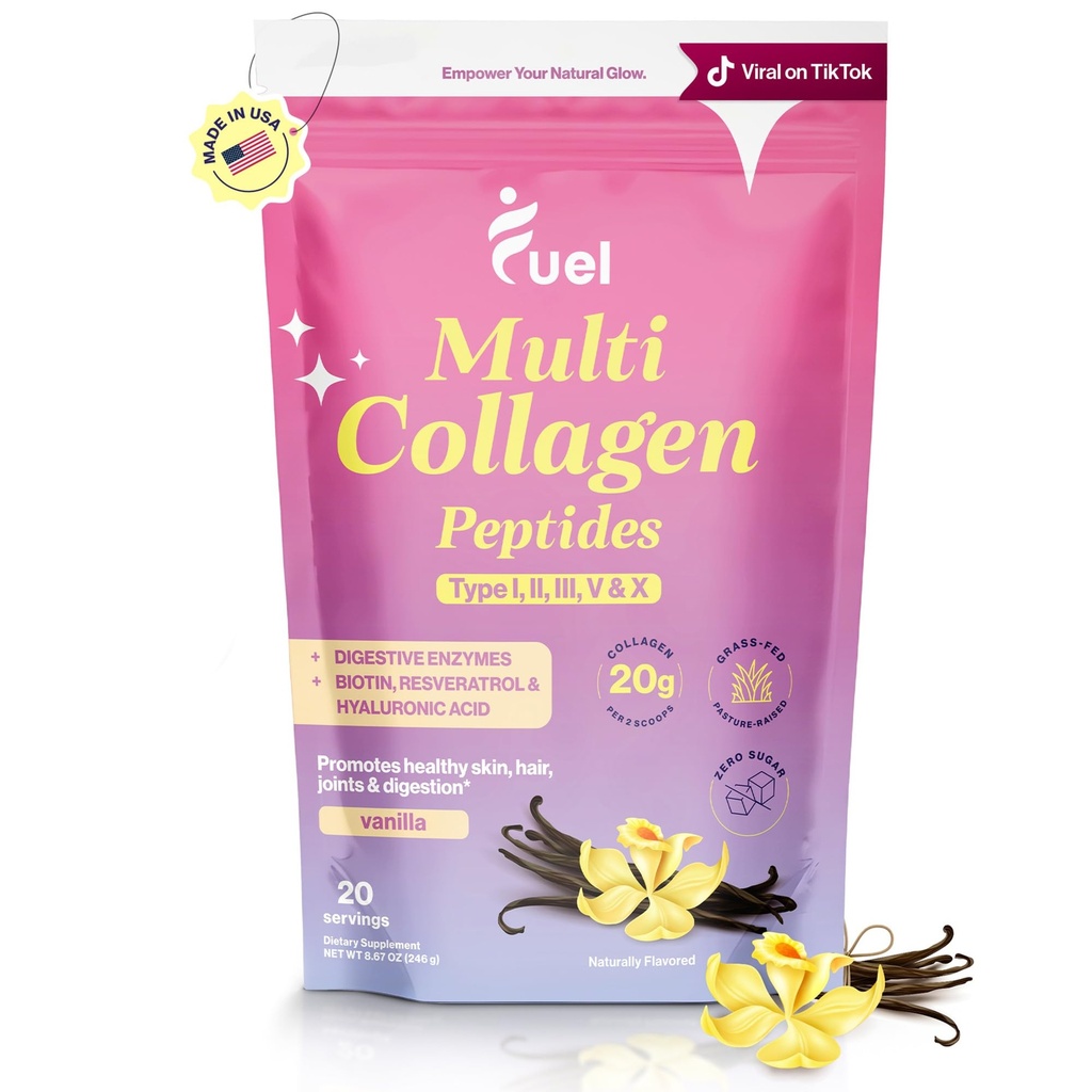 Fuel Multi Collagen Peptides Powder - 20g Hydrolyzed Collagen I, II, III, V & X for Hair, Skin, Nails & Gabungan Dukungan - Lebih baik Absorpsi - Keto & Gluten Free, French Vanila 8.67oz