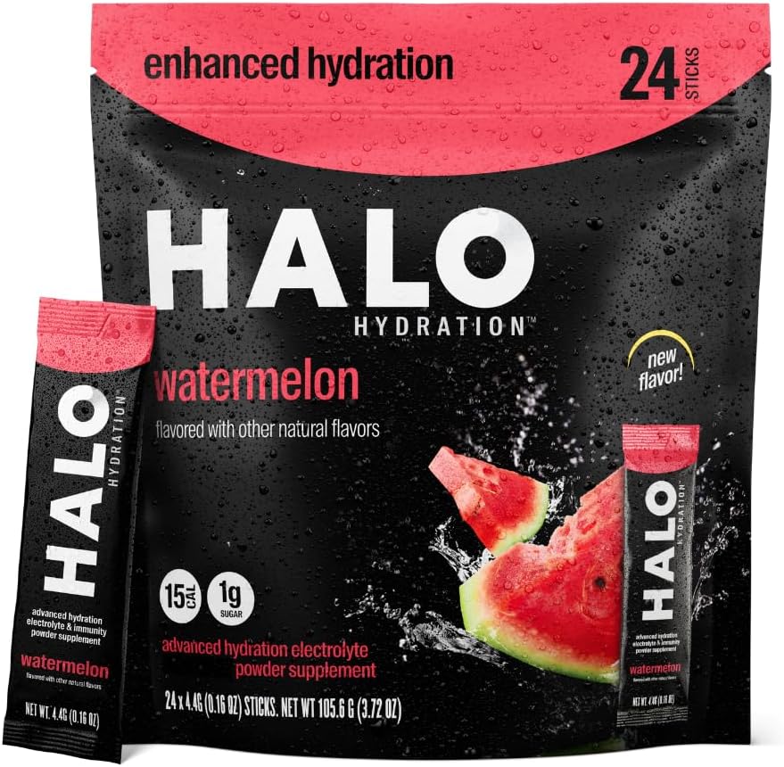 HALO Hidration - Electrolyte Drink Mix 124; Hidration Powder Packet 12.4; Watermelon Flavor - for Sports and Cycling 124; Easy Open Single Serving Stick (24 Pack)