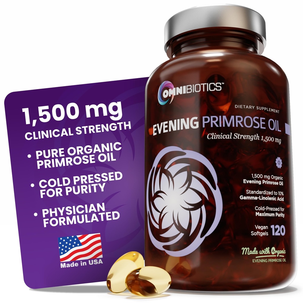 OmniBiotics Organic Evening Primrose Oil for Women - Clinical Power 1500mg per Kapsule, 10% GLA, Cold-Press, Non-GMO, Hormone Saldo for Women - 120 Vegan Softgel Capsules