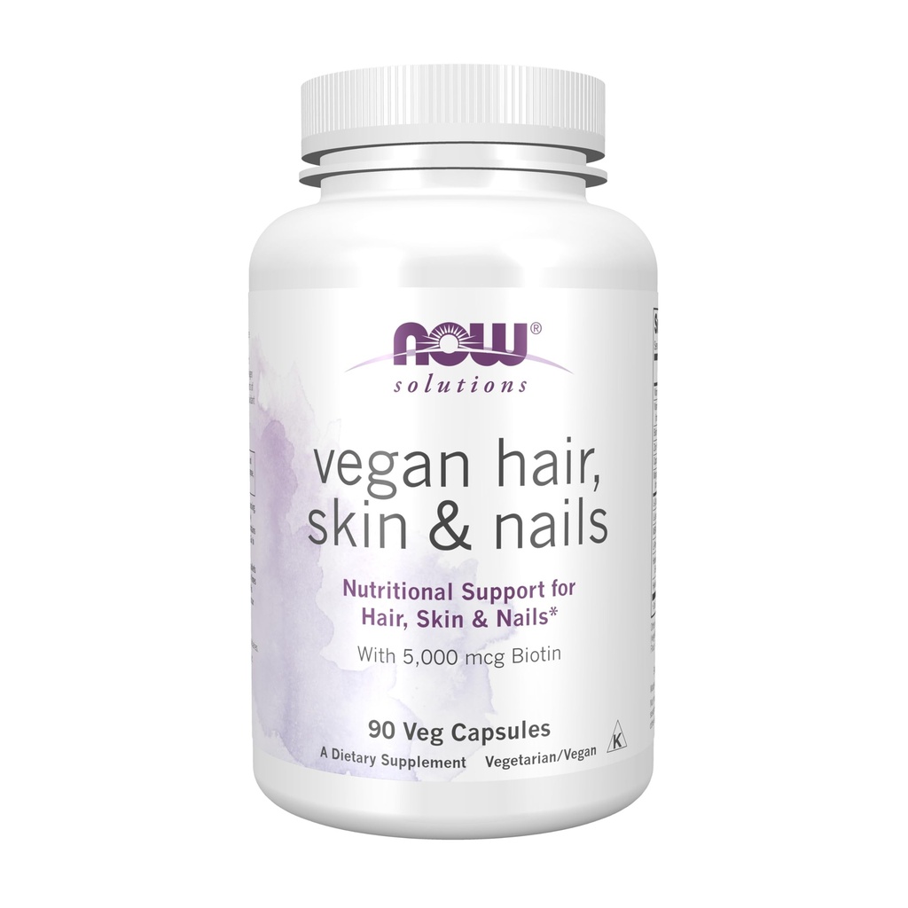 NOW Foods Solutions, Vegan Hair, Skin & Nails, Nutronation Support with 5.000 mcg Biotin, 90 Veg Capsules