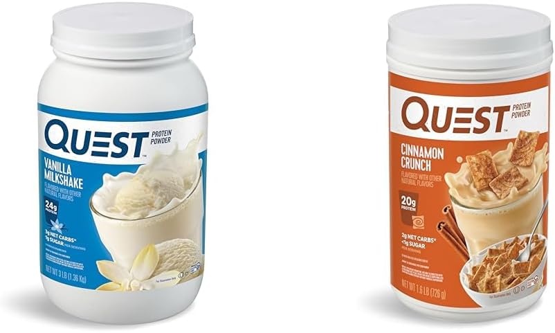 Quest Nutrition Vanilla Milkshake Protein Powder, 24g of Protein, 1g of Sugar, Low Carb, Gluten Free, 3 Pound, 43 porsi & Cinnamon Crunch Powder, 20g Protein, 2g Net Carb, 1g Sugar