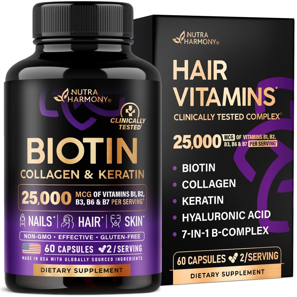 NUTRAHARMONY Biotin 124; Collagen 124; Hyaluronic Accid 124; Keratin - Dukung Siklus Perkembangan Rambut Normal - Skin & Nails - 25000mcg Vitamin B1, B2, B6 & B7 - untuk Perempuan & Pria - Dibuat di USA 1244; 60 Capsules