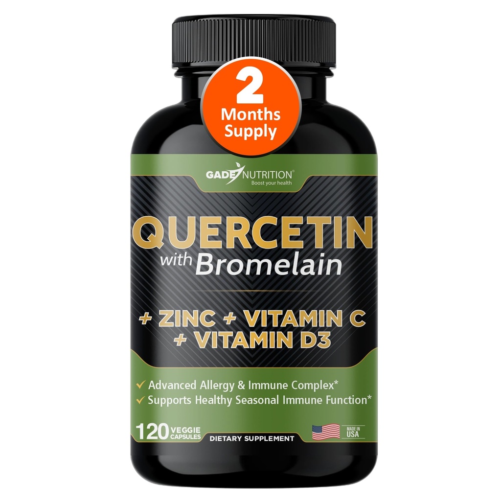 Gade Nutrition Quercetin dengan Bromelain Vitamin C dan Zinc Vitamin D3 124; Animae Suplemen Dukungan dalam Kapsules 124; Non-GMO, Bebas, Vegan 124; Dibuat di AS 124; 2 Pasokan Bulan