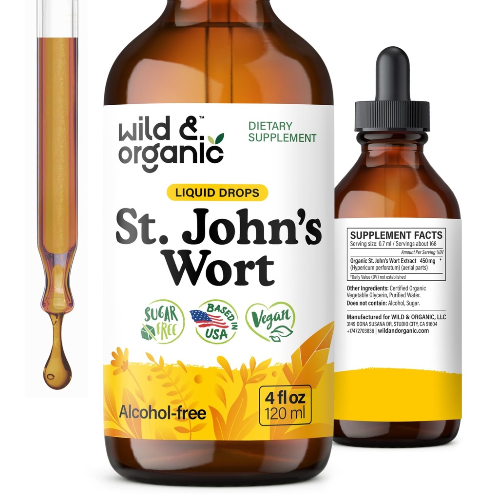 Wild & Organic St Johns Welt Tincture - Mood Dukung - Calming St John 's Cort Suplemen - Hypericum Perforatum Herbal Liquid Drops - Vegan, Sugar & Alkohol Free - 4 fl oz