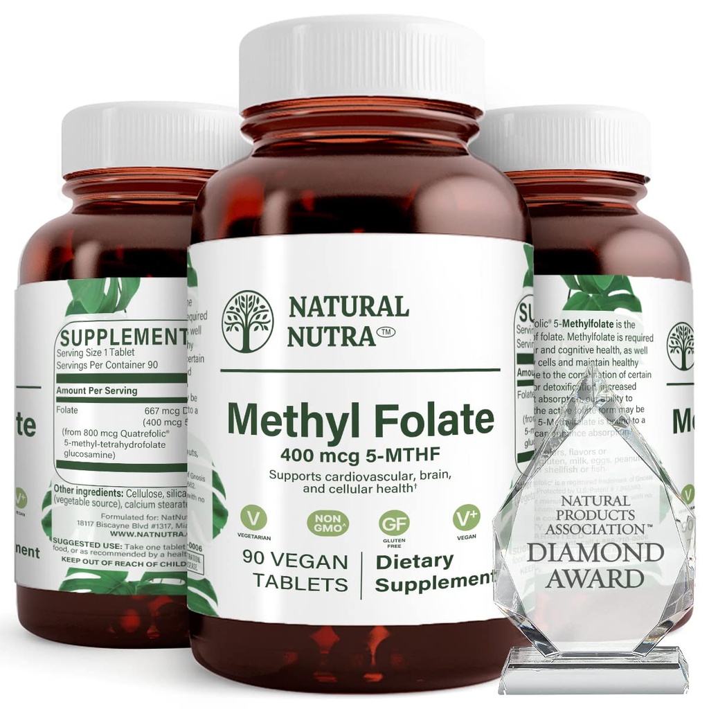 Natural Nutra Active Metil Flease Supplement with Quatre folic, Dukung Heart and Body Health, Improve Positive Vibes, Help Reduce Bone- Lelah, B9, 90 Vegan Tablets (Paket 2)