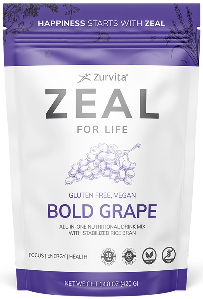 Zurvita - Zeal for Life - Bold Grape Flavor - Daily Nutonations Suplement for Vitalitas, Imunity, & Overall Wellness - 30- Day Wellness Bag, 420 Grams