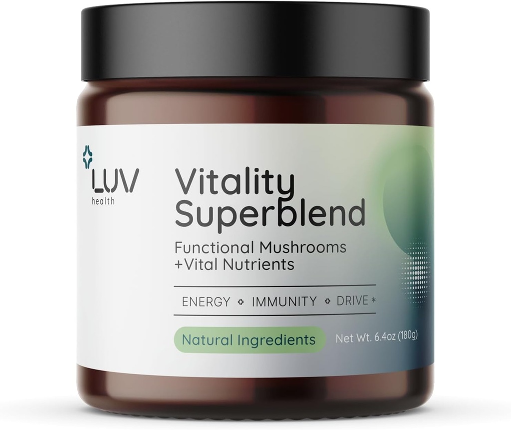 LUV kesehatan Vitalitas Superblend: Sushroom Suplemen - Superfood Powder dengan Cacao, Singa Mane, Cordyceps, Reishi, Teh Hijau, dan Turmeric - Energi, Fokus & Daily Wellness Dukungan Vegan, 30 Hamba