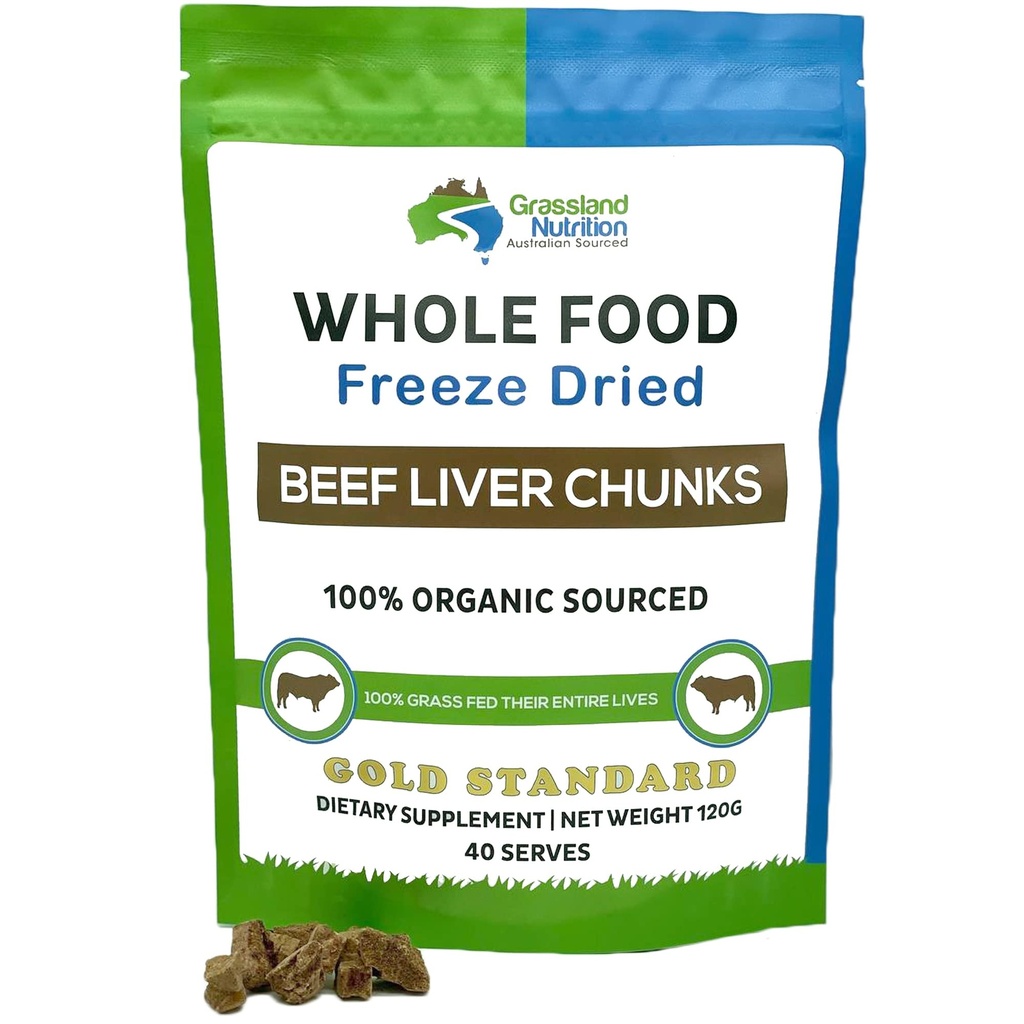 GRASSLAND NUTRITION Organic Liver Freeze Dried Chunks - High in Natural Iron, Vitamin A, B12 for Energy (120g)
