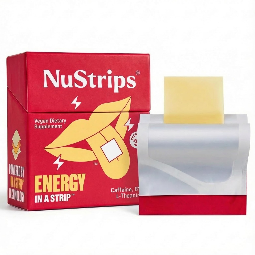 Nutstrips ♪ Fast- Dissoling Energy Strips with 50mg Caffeine, L-Theanine & Vitamin B12 - Instant Energy & Focus Without Jitters atau Crash - Works Faster Than Coffee - Soothing Cinnamon (30 Pack)