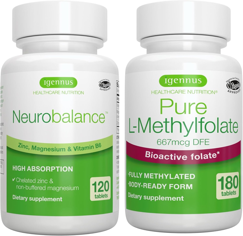 Neurrobalance Zinc, Magnesium & Vitamin B6 + Pure Folate 400mcg Vegan Bundle, Cheriated Zinc Picolinate 24mg, Oxide- Free Magnesium & Vitamin B6 + Optiminated L- Methyfolat, oleh Igennus