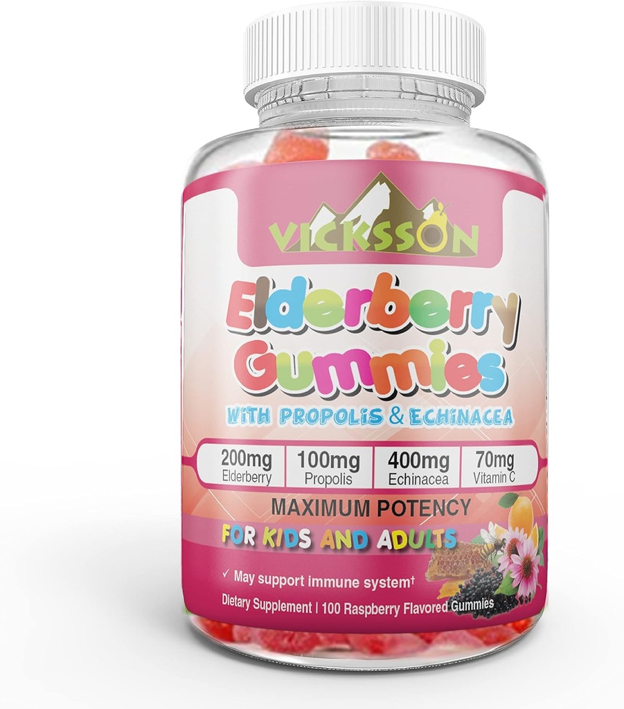 Sambucus Elderberry Gummies dengan Propolis & Echinacea + Vitamin C Antioxidant Flavonoid System Booster Immune for Kid & Adult Vegan Friendly 124; Raspberry Flavored. Cacah 100