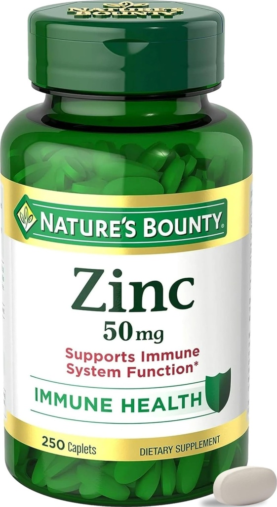 Nature 's Bounty Zinc 50mg, Support Imune & Antioksidant, Promotes Skin Health, 1 Caplet Per Day, Gluten Free, 250 Vegetarian Caplets