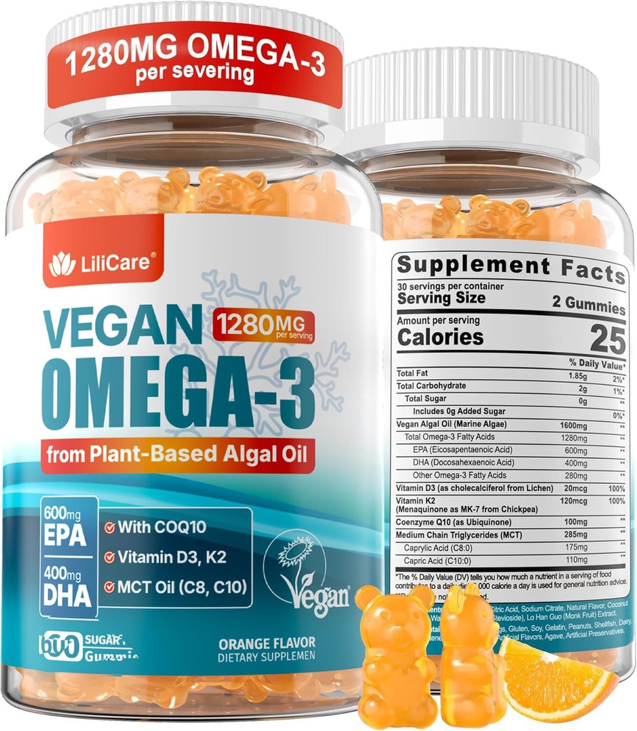Vegan Omega-3 Gummies 1280mg + COQ10 + Vitamin D3 K2 (MK7), Omega 3 Ikan Oil Alternatif untuk Dewasa w / EPA 600mg DHA 400mg & MCT Oil, No Fish Taste from Marine Algae, for Brain, Eye, Immunity, 1 Pack