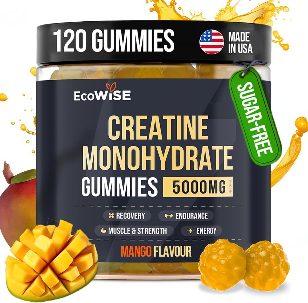 Ecowise Wellness Creatine Monohydrate Gummies 5000 mg, Mango Flavor, 120 Sugar- Free Vegan Chews, Creatine Suptine Suplemen untuk Reutine Daily