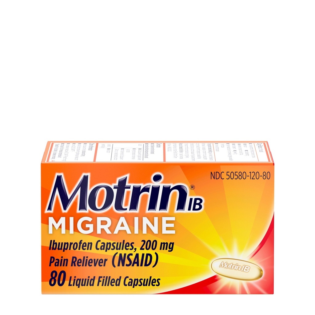 Motrin IB Migraine Relief Gel Capsules dengan 200 mg Ibuprofen per Capsule, Fast & Effective Migraine Headache Medicine with NSAID Pain Relicever Ibuprofen, Caffein - Free, 80 ct