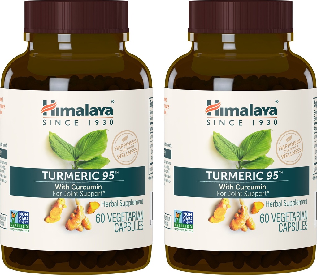 Suplemen Himalaya Turmeric 95 dengan Curcumin / Curcuminoid, Dukungan Bersama dan Otot, Optimum Flexibility dan Mobility, 600 mg, Non-GMO, Vegan, Gluten Bebas, 60 Kasules, 2 Paket, Supply 60 Hari