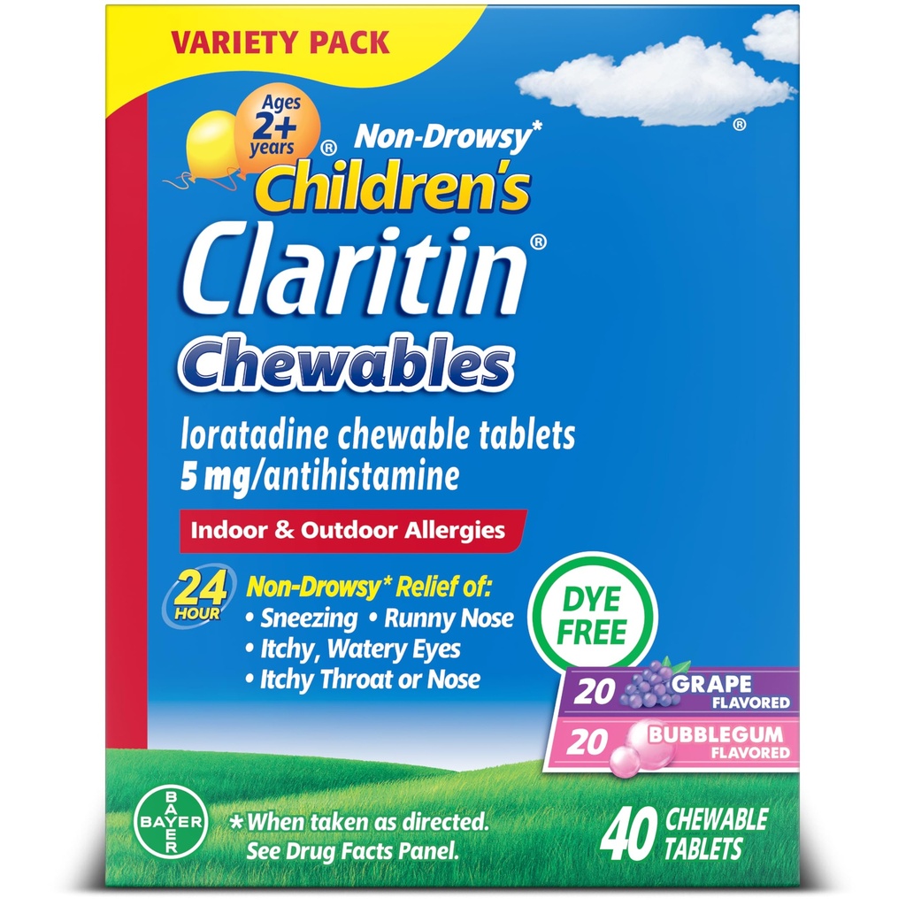 Clariitin Children 's Allergy Medicine, 24- Hour Non-Drowsy Loratadine 5mg Tablet, Antihistamin for Kids Ages 2 Years and Older, Grape & Bubble Gum Flavors, 40 tablet